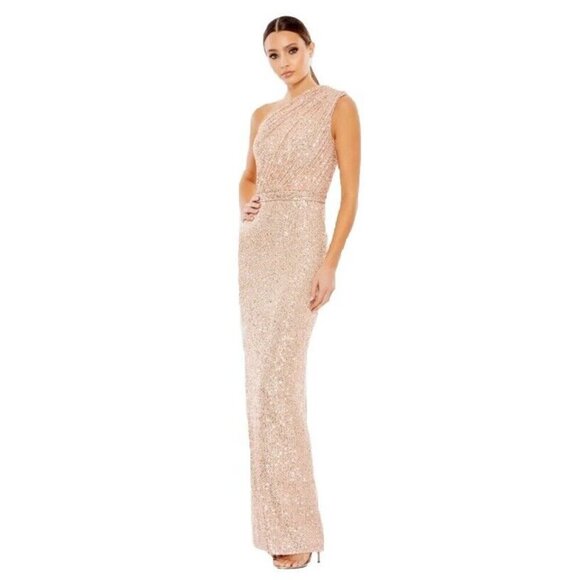 MAC DUGGAL Womens Size 0 Gold SEQUINED RUCHED 1 SHOULDER Formal GOWN Dress 26694 - Picture 2 of 11
